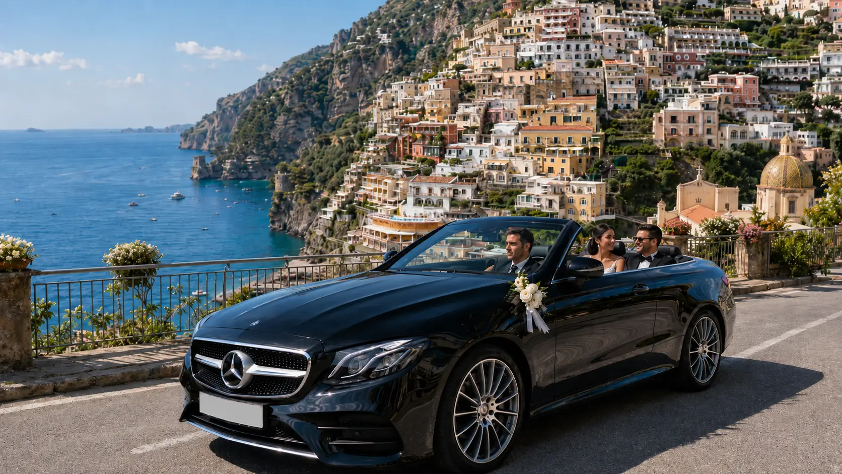 Bride and groom in a luxury car with Positano in the background.