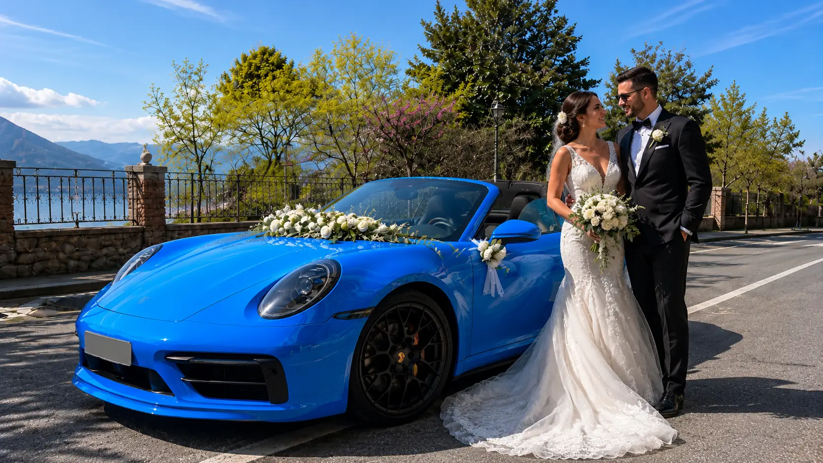 Bride and groom with a Porsche on their wedding day.