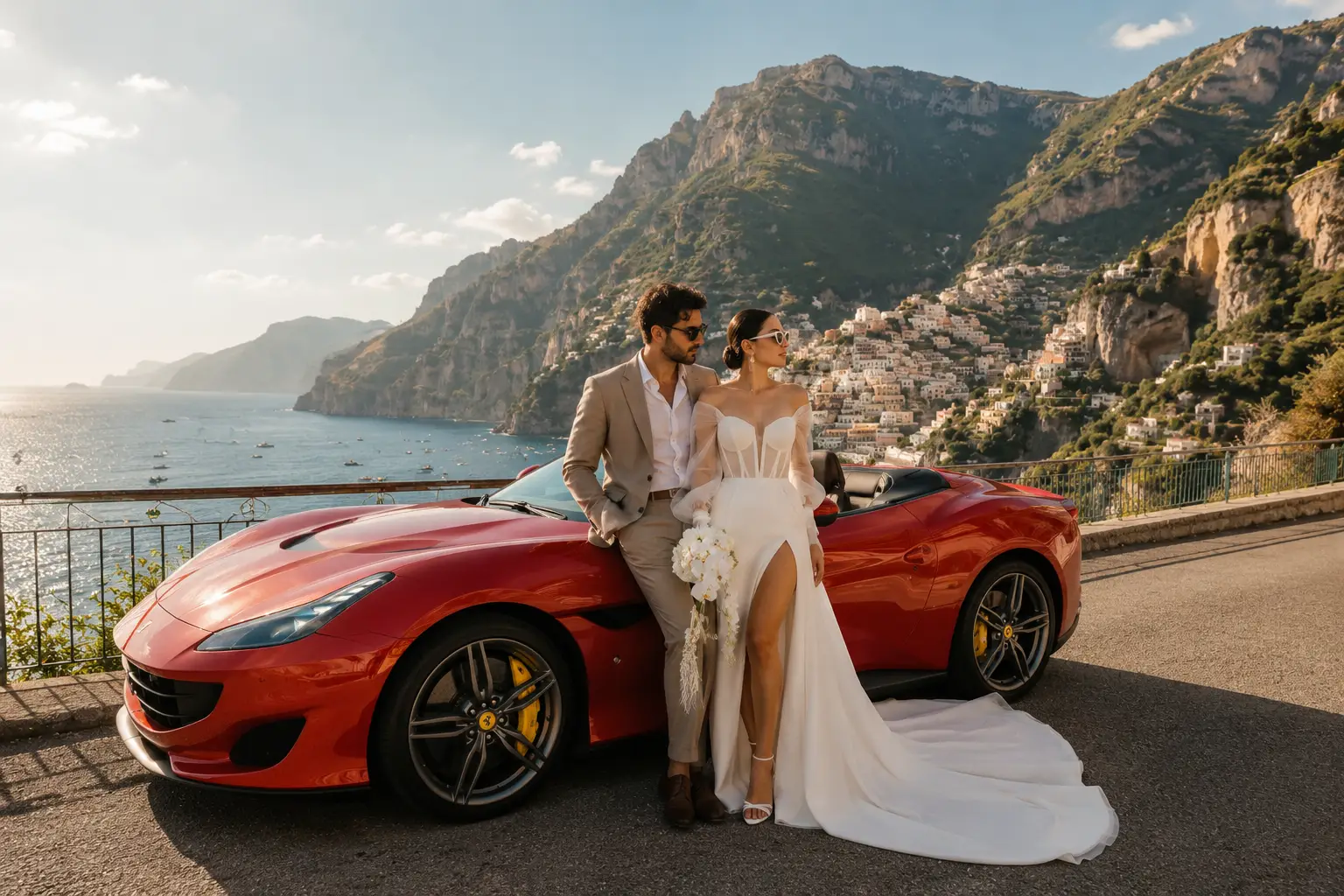 Married couple with Ferrari on the Amalfi Coast